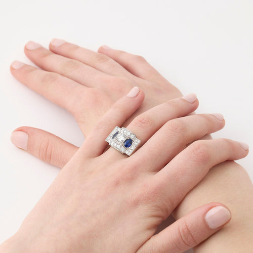Bague 53 Bague Tank Art Déco Platine Saphirs Diamants 58 Facettes