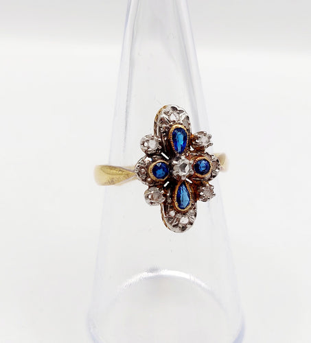 Bague 55 Bague duchesse antique diamants taille roses et pierres bleues en or 18k et platine 58 Facettes A06416