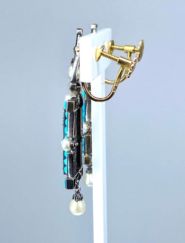 Boucles d'oreilles Boucles d’oreilles or jaune et argent, turquoises, diamants, perles fines, vers 1880 58 Facettes AB543