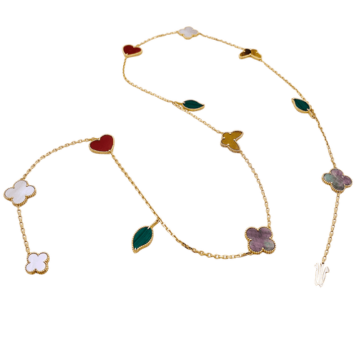 Collier Collier-Sautoir Van Cleef & Arpels, "Lucky Alhambra", or jaune, cornaline, malachite, oeil de tigre, nacre. 58 Facettes 34547