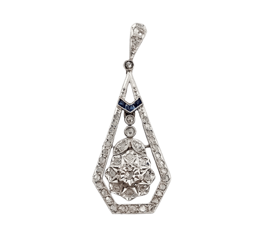 Blomstervedhæng Art Deco i 18k hvidguld med rosen-slebne diamanter og safirer 