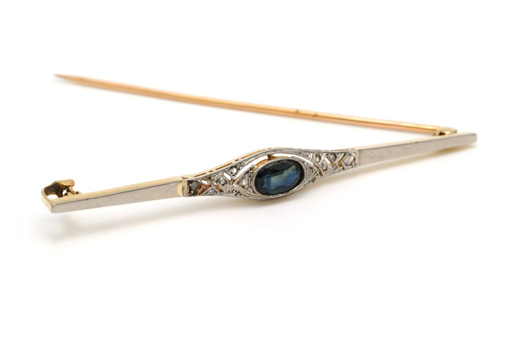 Broche Broche art déco en or jaune et blanc serti d'un saphir et de diamants 58 Facettes B314