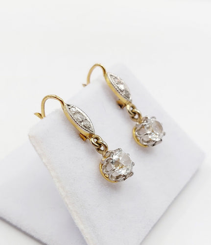 Boucles d'oreilles Dormeuses or jaune, spinelles blanc synthétiques et diamants taille rose (circa 1920) 58 Facettes A06245