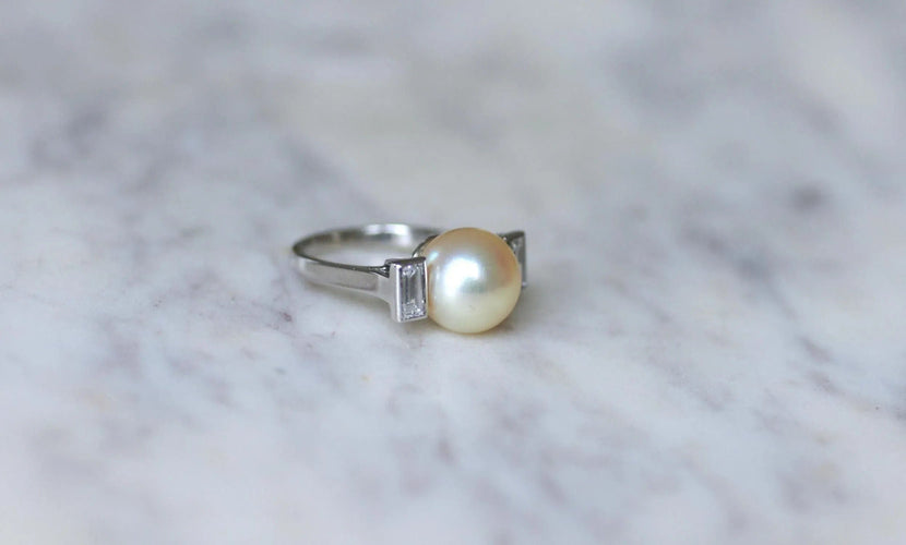 Bague 47.5 Bague Art Déco platine, perle, diamants baguettes 58 Facettes