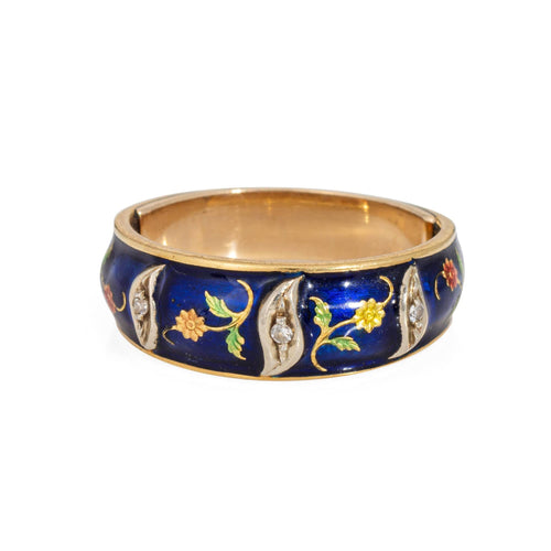 Bague 52.5 Bague vintage en or jaune 18 carats avec fleur en émail et diamants 58 Facettes G13900