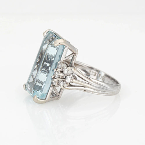Bague Bague vintage en or blanc 14 carats avec diamants et aigue-marine allongée 11 carats, taille 6 58 Facettes G13670