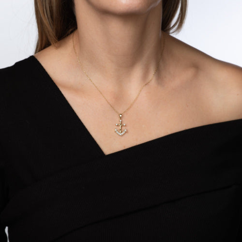 Collier Collier vintage en or jaune 14 carats avec ancre et diamants, chaîne de 48 cm (19 pouces), bijou ancien de style océan. 58 Facettes G14227