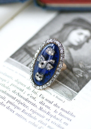 Bague 61 Bague Navette XVIIIe Siècle Diamants Email Bleu sur Or et Argent 58 Facettes