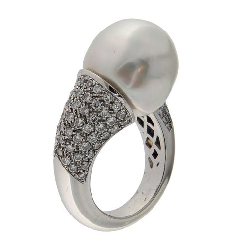 Bague 54.5 Bague contrarié en or blanc avec perle et diamants de 1,51 ct 58 Facettes G3751