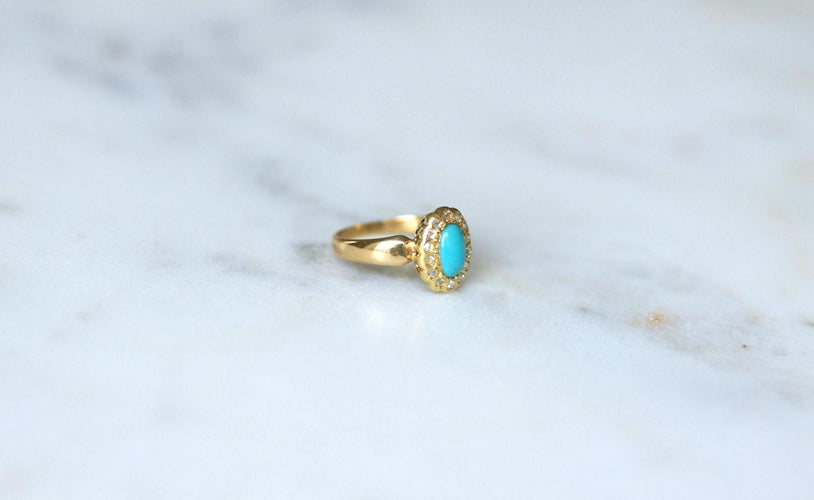 Bague 47 Ancienne Bague Marguerite Or Jaune, Turquoise, Diamants 58 Facettes