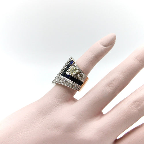Art Deco Platinum Topped Diamond and Sapphire Ring