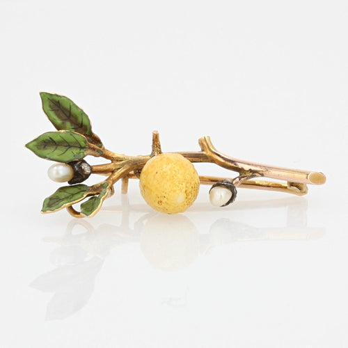 Broche Broche branche de citronnier émail et perles fines 58 Facettes 20-583