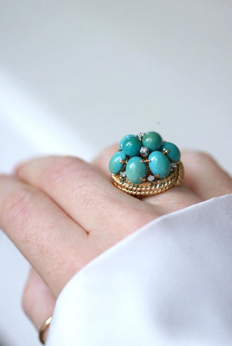 Bague 54 Bague Cocktail or jaune turquoises diamants 58 Facettes