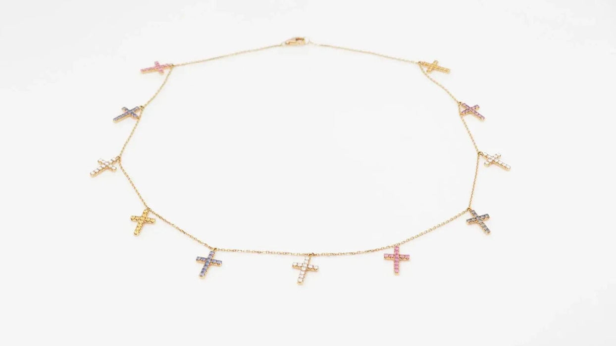 Collier CARTIER - Collier 11 Croix en or rose diamants et saphirs de couleurs 58 Facettes 32788