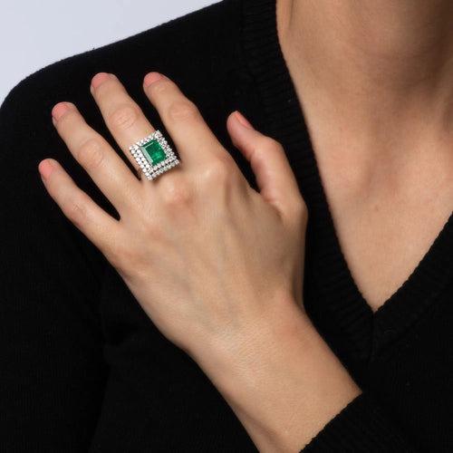 Bague Bague de cocktail carrée en or blanc 18 carats, taille 7,5, émeraude et diamants, style vintage, bijoux raffinés 58 Facettes G13724