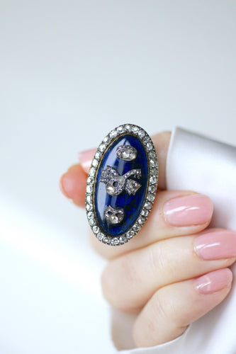 Bague 61 Bague Navette XVIIIe Siècle Diamants Email Bleu sur Or et Argent 58 Facettes