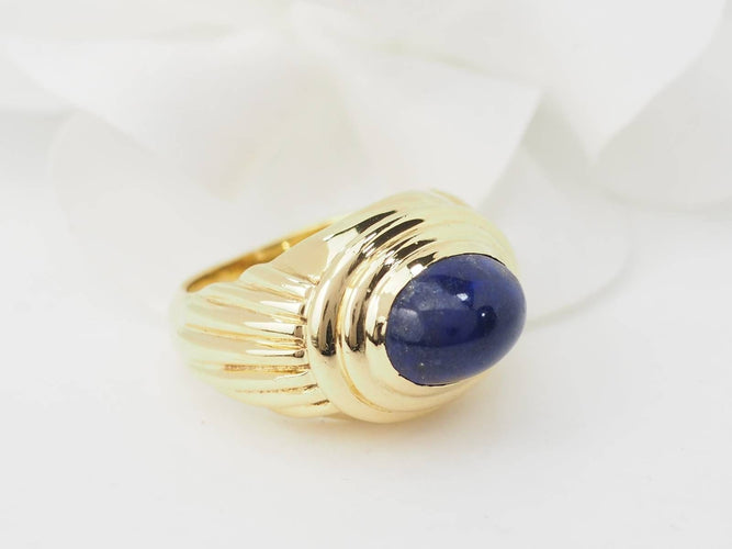 Bague 51.5 Bague godronnée en or jaune et cabochon Lapis Lazuli 58 Facettes 29996