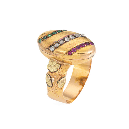 Französischer Belle-Époque-Ring aus Gelbgold, Diamanten, Rubinen und Smaragden 