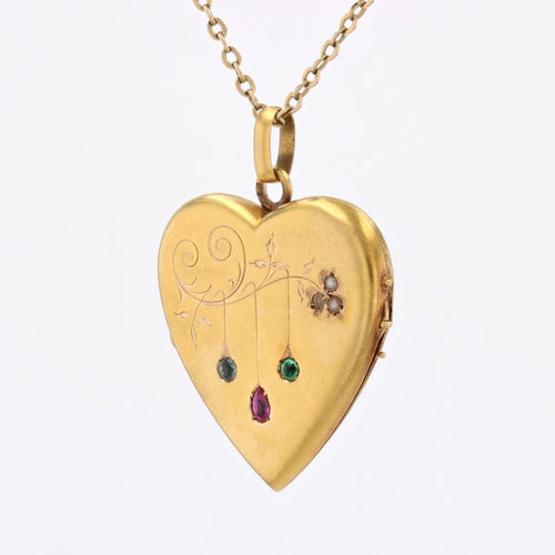 Pendentif Médaillon ancien coeur rubis saphir émeraude et perles 58 Facettes 24-030