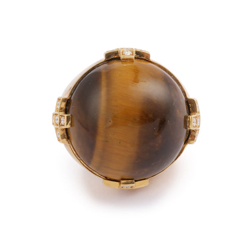 C. Escher - Cabochon cocktail ring with tiger's eye and diamonds in yellow gold 58 Facettes B384