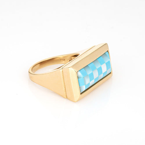 Bague 54 Bague damier en or jaune incrustée de turquoise 58 Facettes G13964