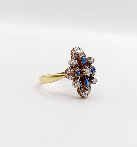 Bague 55 Bague duchesse antique diamants taille roses et pierres bleues en or 18k et platine 58 Facettes A06416