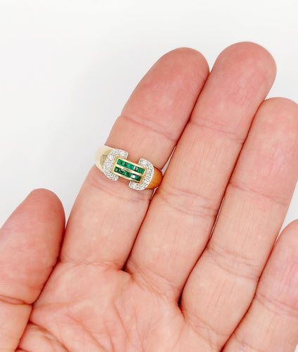 Bague 59 Bague tank style art deco or 18k émeraude calibrées et diamants taille brillants 58 Facettes A05364
