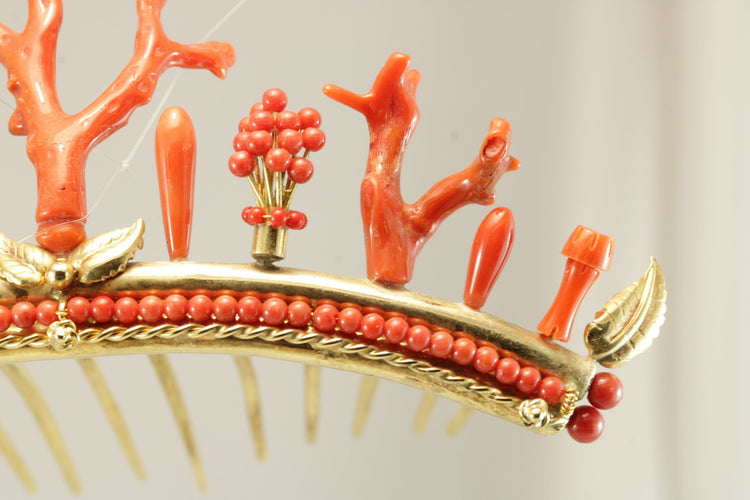 Diadème antique en corail doré à l'argent 58 Facettes 7493