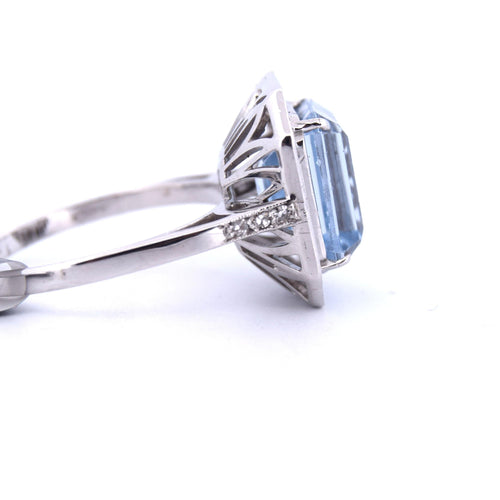 Bague 55 BAGUE EN OR BLANC 18 KT - AIGUE-MARINE ET DIAMANTS - ART DÉCO' 58 Facettes