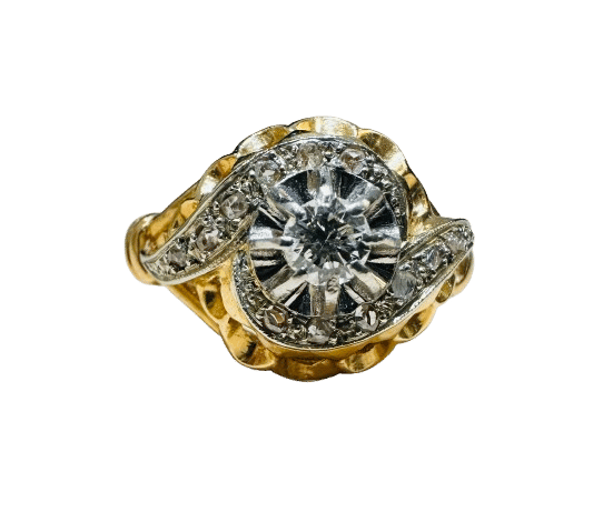Bague 50 Bague ancienne en or jaune et platine sertie d'un diamant 58 Facettes 4180