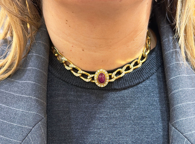 Collier Collier ras du cou Cartier en or 18 carats et diamants , rubis cabochon 58 Facettes