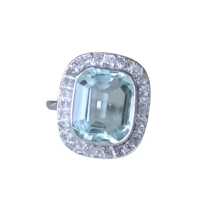 Ring Art Deco white gold, platinum, aquamarine, diamonds