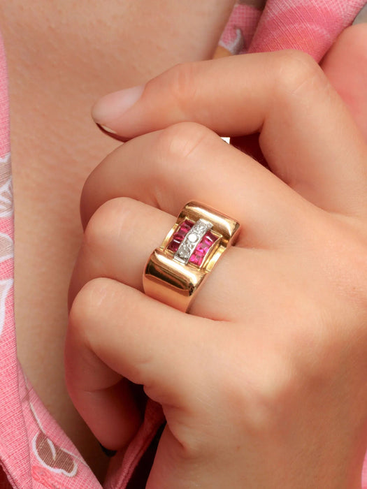 Bague 51 Bague tank or rose diamants rubis 58 Facettes J371