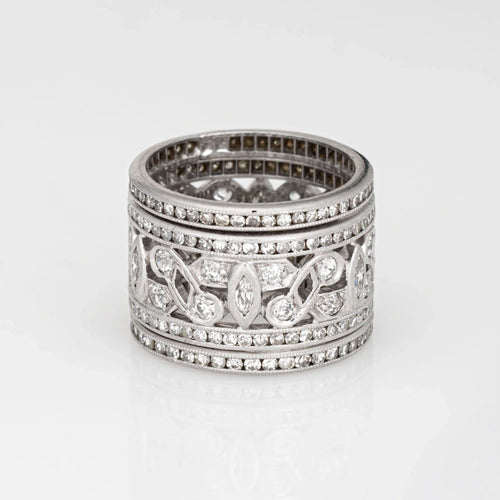 Bague Bague large en platine Art Déco vintage des années 1920 avec diamants, taille 5,25, bijoux d'éternité 58 Facettes G13595