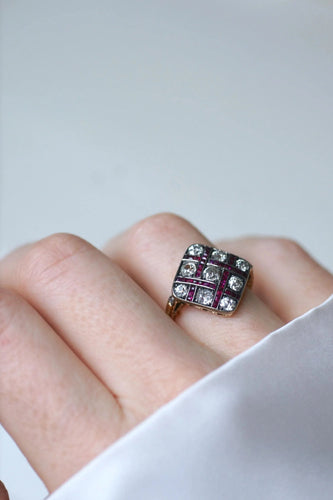 Antique Damier Ring with Calibrated Diamonds and Rubies