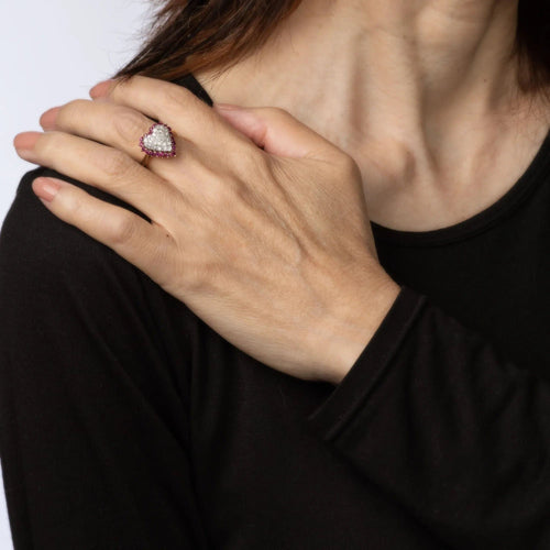 Bague Vintage Pave Diamond Ruby Heart Ring 14k Yellow Gold Sz 5 Cocktail Fine Jewelry 58 Facettes G13502