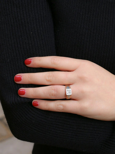 Bague 57 Chevalière Art Deco or platine diamant taille ancienne 0,4ct 58 Facettes J159