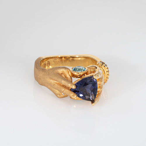 Tanzanite Topaz Hands Ring Estate 14k Yellow Gold Sz 6.5 Fine Mystical Jewelry 58 Facettes G13866