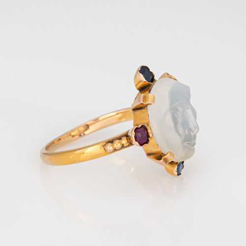 Bague 53.5 Bague victorienne antique en or jaune 14 carats avec pierre de lune et homme dans la lune 58 Facettes G13683