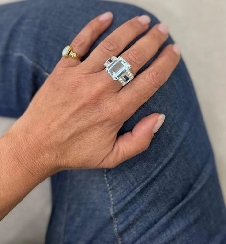 Bague 55 Bague Art Déco en Or Saphir Diamant Aigue-Marine 12 Carats 58 Facettes