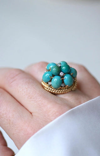 Bague 54 Bague Cocktail or jaune turquoises diamants 58 Facettes