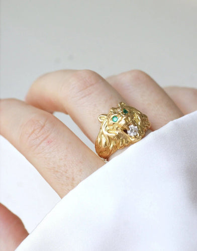 Bague 57 Bague chevalière Lion or jaune et diamant 58 Facettes