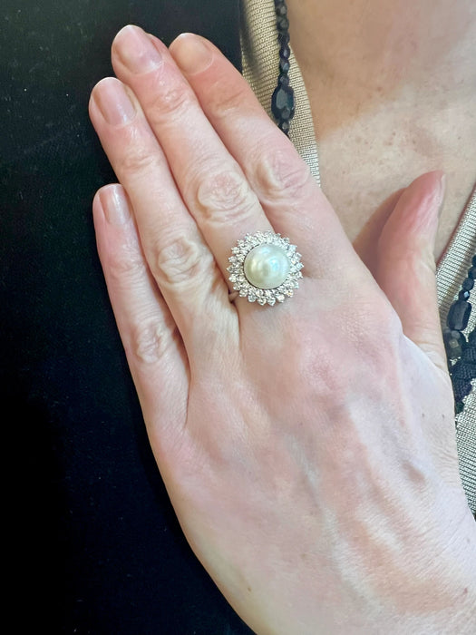 Ring Daisy white gold, 10mm pearl, diamonds