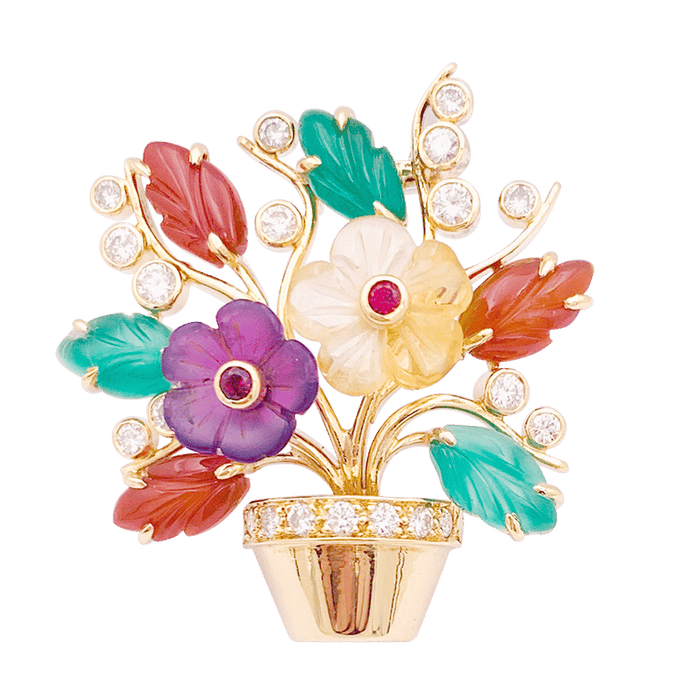 Broche Clip "Fleurs" or jaune, diamants, rubis, pierres de couleur. 58 Facettes 34133