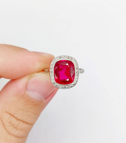 Ring Art Deco white gold, synthetic ruby and rose-cut diamonds (circa 1930) 