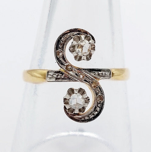 Bague 58.5 Bague marquise antique toi et moi en or 18k et platine, diamants taille roses 58 Facettes A06514