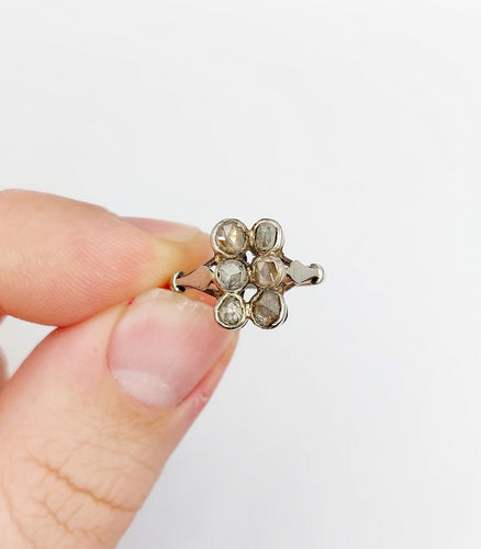 Inel marquise antic din aur alb 18k și diamante tăiate rose 