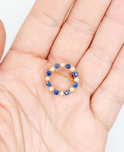 18k黄金古董胸针，镶有珍珠和蓝色宝石 