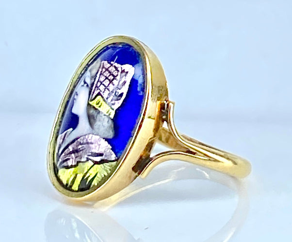 Bague 52 Bague en or jaune émail profil de femme, Limoges 58 Facettes AB646