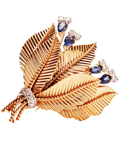 Broche Or jaune et blanc 18K Saphirs Diamants
